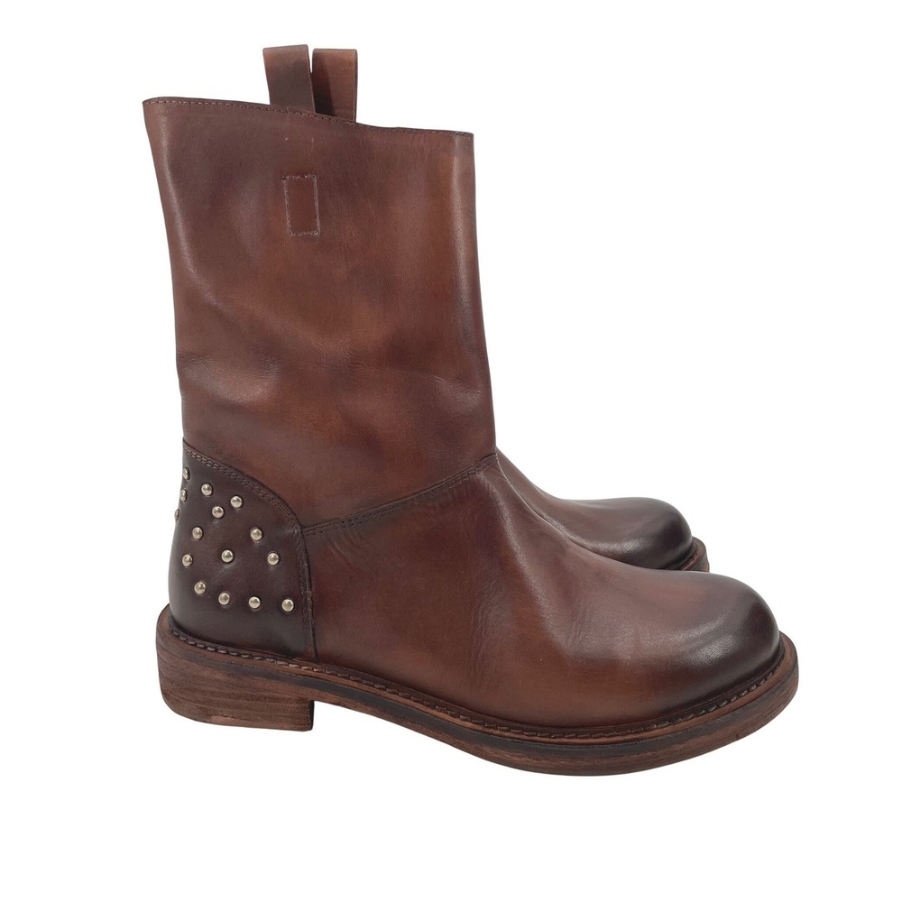 Vintage Foundry Co Stacy Boots Womens 7 Brown Leather Studded Mid Calf Moto Boho